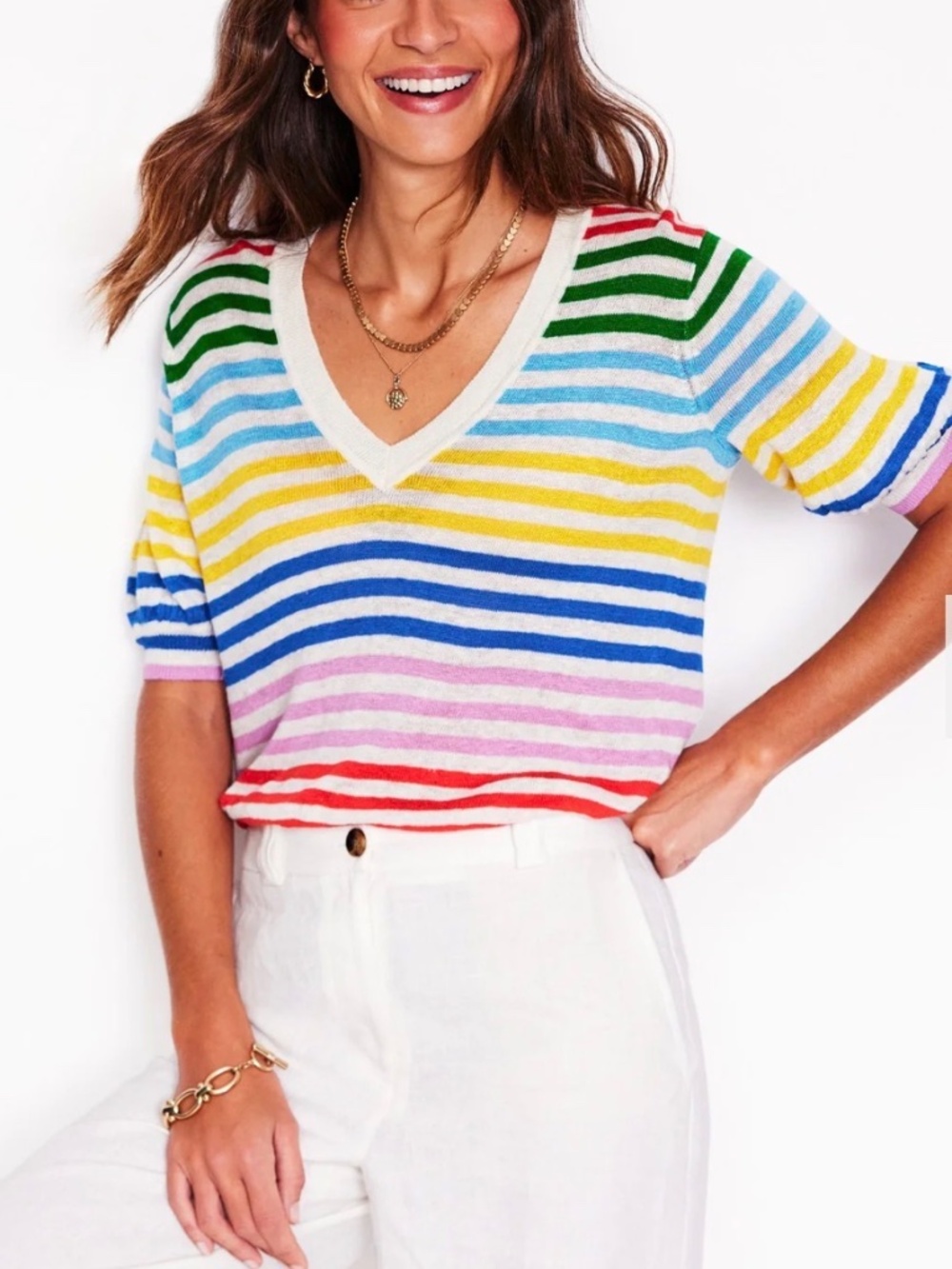 Boden: Liv V-Neck Linen T-Shirt - Picture 2 of 6